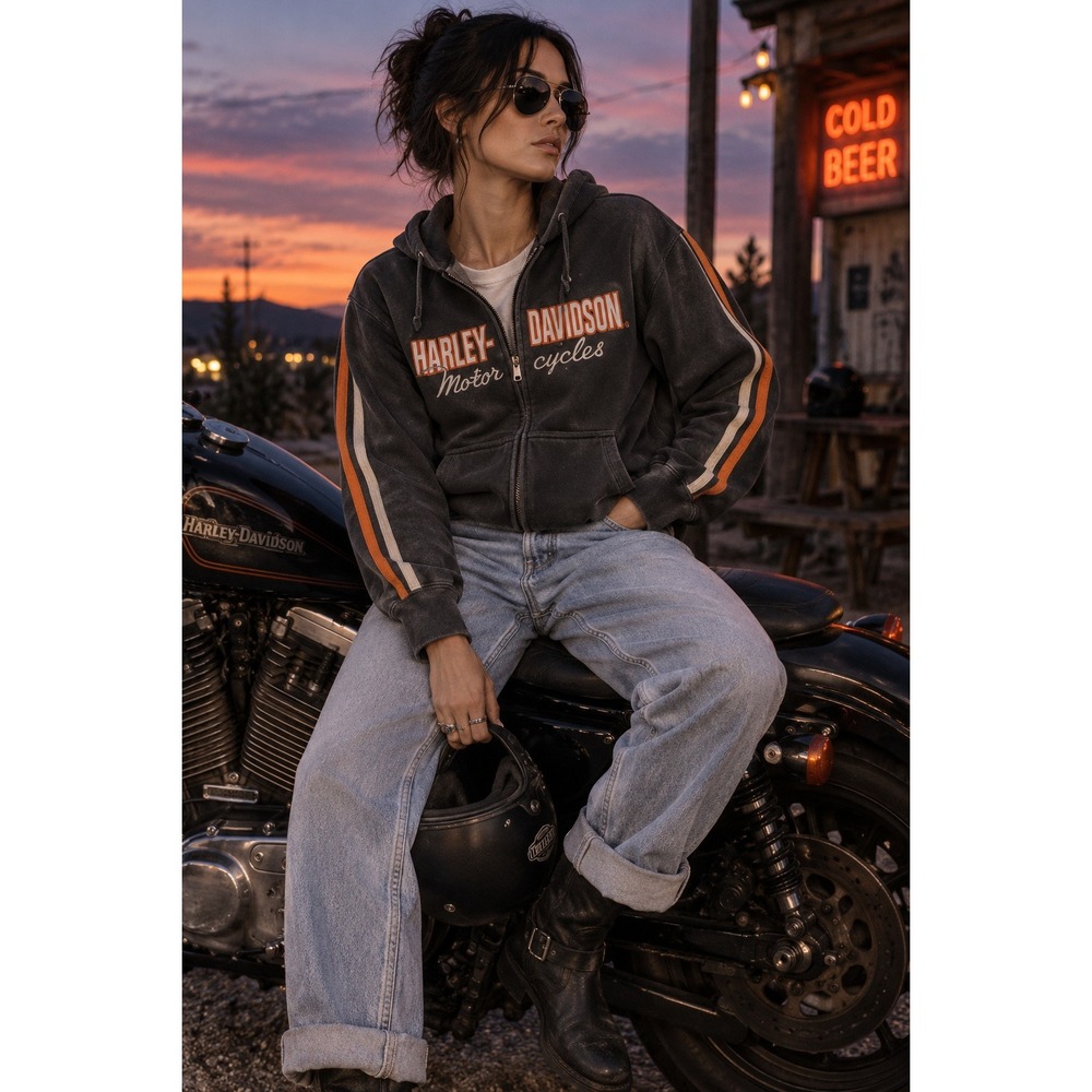 Harley Davidson Womens Zip Up Hoodie Black Orange Racing Stripe Large L